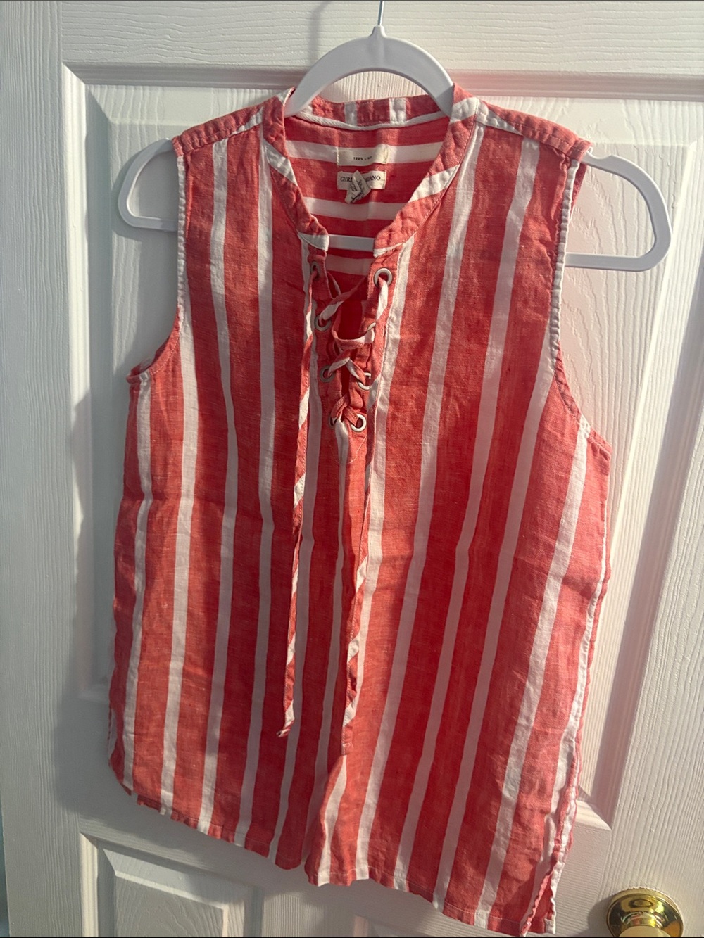 Christian Siriano Coral and White Striped Lace-Up Sleeveless Top